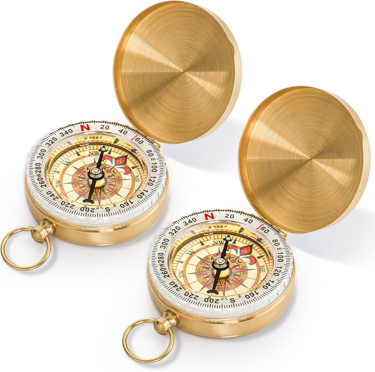 Tebery 2 Pack Classic Pocket Style Copper Compass, Portable Survival Navigation Gear Compasses, Waterproof Luminous Compass for Hiking Camping Hunting Climbing, Brass