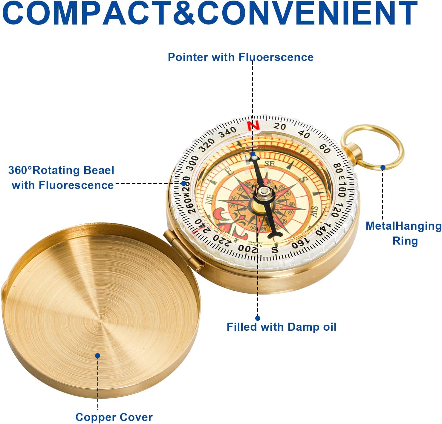 Tebery 2 Pack Classic Pocket Style Copper Compass, Portable Survival Navigation Gear Compasses, Waterproof Luminous Compass for Hiking Camping Hunting Climbing, Brass - Image 3