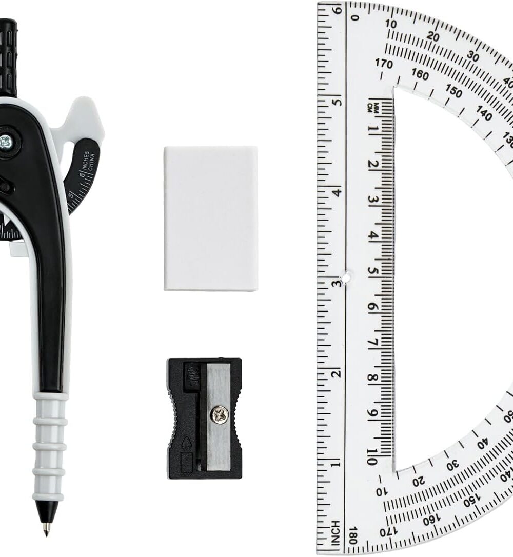 Unjoo Compass for Geometry Set, 6 Inch Protractor, Clear Plastic (Black) | 6 Inch Compass, Sharpener and Eraser, Easy Grip, Drafting Tool for Scool, Art, Drawing Precision Design for Math