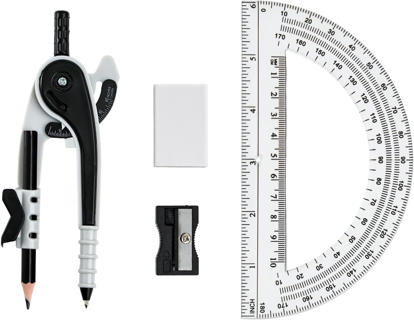 Unjoo Compass for Geometry Set, 6 Inch Protractor, Clear Plastic (Black) | 6 Inch Compass, Sharpener and Eraser, Easy Grip, Drafting Tool for Scool, Art, Drawing Precision Design for Math
