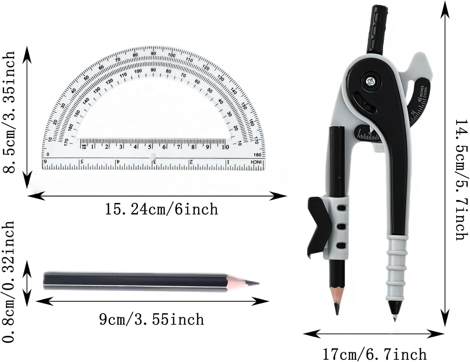 Unjoo Compass for Geometry Set, 6 Inch Protractor, Clear Plastic (Black) | 6 Inch Compass, Sharpener and Eraser, Easy Grip, Drafting Tool for Scool, Art, Drawing Precision Design for Math - Image 2