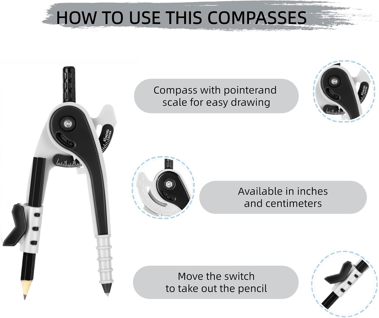 Unjoo Compass for Geometry Set, 6 Inch Protractor, Clear Plastic (Black) | 6 Inch Compass, Sharpener and Eraser, Easy Grip, Drafting Tool for Scool, Art, Drawing Precision Design for Math - Image 3