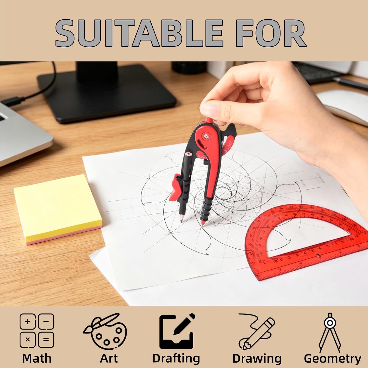 Unjoo Compass for Geometry Set, 6 Inch Protractor, Clear Plastic (Black) | 6 Inch Compass, Sharpener and Eraser, Easy Grip, Drafting Tool for Scool, Art, Drawing Precision Design for Math - Image 5
